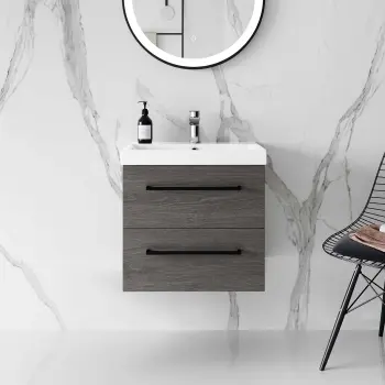 Elba Charcoal Elm Wall Hung Basin Drawer Vanity 500mm - Black Accents