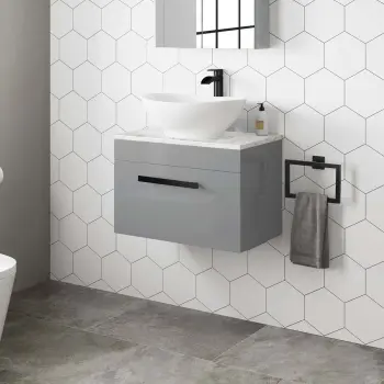 Avon Stone Grey Wall Hung Drawer Vanity with Marble Top & Oval Counter Top Basin 600mm - Black Accents