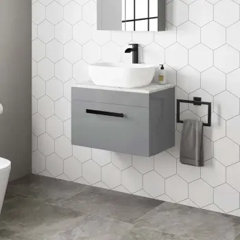 Avon Stone Grey Wall Hung Drawer Vanity with Marble Top & Curved Counter Top Basin 600mm - Black Accents