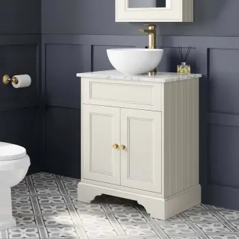 Lucia Chalk White Vanity with Marble Top & Round Counter Top Basin 640mm - Brushed Brass Accents