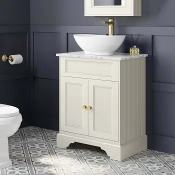 Lucia Chalk White Vanity with Marble Top & Oval Counter Top Basin 640mm - Brushed Brass Accents