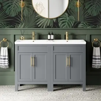 Bermuda Dove Grey Double Basin Vanity 1200mm - Brass Knurled Handles