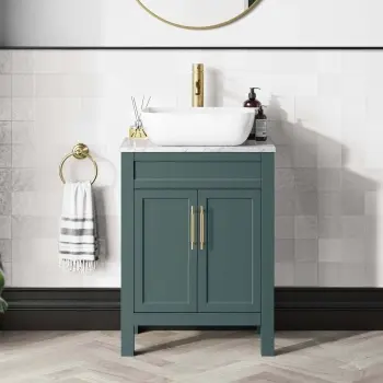Bermuda Midnight Green Vanity with Marble Top & Curved Counter Top Basin 600mm - Brass Knurled Handles