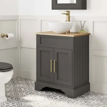 Lucia Graphite Grey Vanity with Oak Effect Top & Round Counter Top Basin 640mm - Brass Knurled Handles