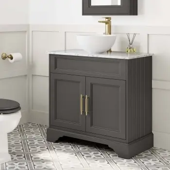 Lucia Graphite Grey Vanity with Marble Top & Round Counter Top Basin 840mm - Brass Knurled Handles