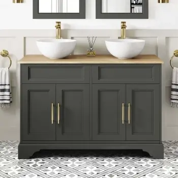 Lucia Graphite Grey Double Vanity with Oak Effect Top & Round Counter Top Basin 1200mm - Brass Knurled Handles