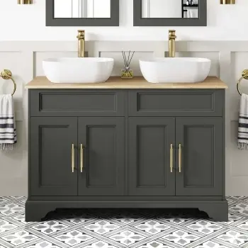 Lucia Graphite Grey Double Vanity with Oak Effect Top & Curved Counter Top Basin 1200mm - Brass Knurled Handles