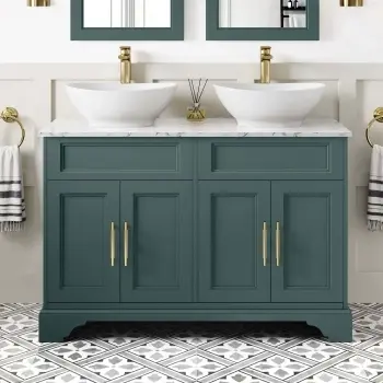 Lucia Midnight Green Double Vanity with Marble Top & Oval Counter Top Basin 1200mm - Brass Knurled Handles