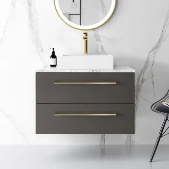 Elba Graphite Grey Wall Hung Drawer Vanity with Marble Top & Cody Basin 800mm - Brushed Brass Accents