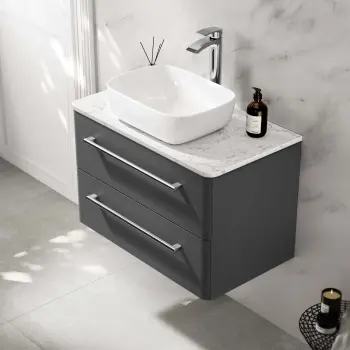 Omaha Slate Grey Wall Hung Drawer Vanity with Marble Top & Curved Counter Top Basin 800mm