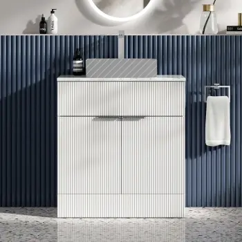 Havana Fluted Coastal White Cabinet with Marble Top 800mm (Excludes Counter Top Basin) - Chrome Handles