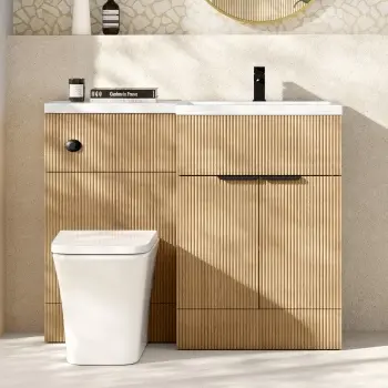 Havana Fluted Country Oak Combination Vanity Basin and Houston Toilet 1100mm - Black Accents - Right Handed