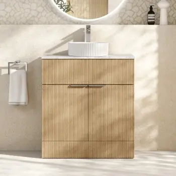 Havana Fluted Country Oak Cabinet with Marble Top & Nevis Basin 800mm - Chrome Handles