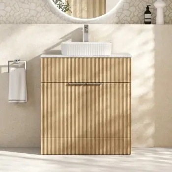 Havana Fluted Country Oak Cabinet with Marble Top & Reno Basin 800mm - Chrome Handles