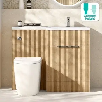 Havana Fluted Country Oak Combination Vanity Basin and Utah Comfort Height Toilet 1100mm - Chrome Handles - Right Handed
