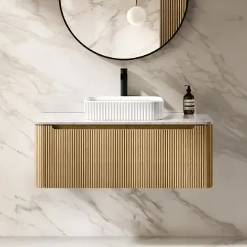 Sorrento Fluted Country Oak Wall Hung Drawer Vanity with Marble Top & Reno Basin 1000mm
