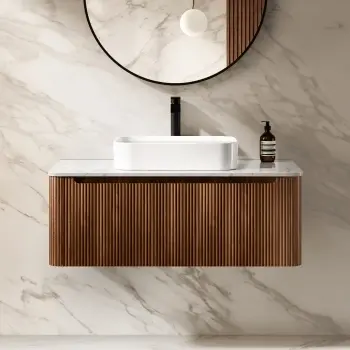 Sorrento Fluted Black Walnut Wall Hung Drawer Vanity with Marble Top & Marin Basin 1000mm