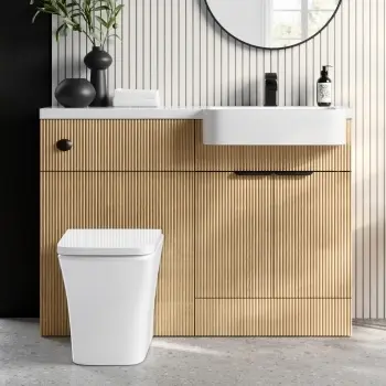 Sicily Fluted Country Oak Combination Vanity Basin and Houston Toilet 1200mm - Black Accents - Right Handed