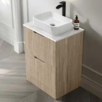 Crete Fluted Apex Oak Vanity Drawer with Marble Top & Reno Basin 600mm