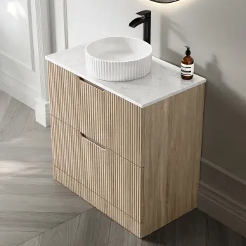 Crete Fluted Apex Oak Vanity Drawer with Marble Top & Nevis Basin 800mm