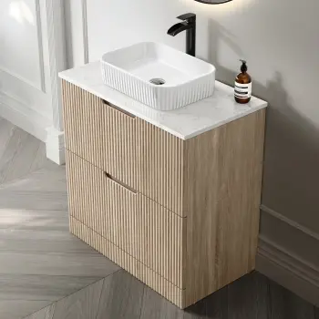 Crete Fluted Apex Oak Vanity Drawer with Marble Top & Reno Basin 800mm