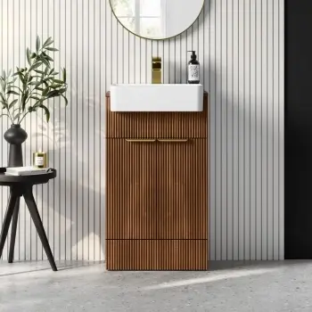 Sicily Fluted Black Walnut Vanity with Semi Recessed Basin 500mm - Brushed Brass Accents