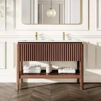 Maru Walnut Wood Grain Vanity Unit & Matt White Double Stone Basin 1200mm