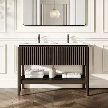 Maru Black Oak Wood Grain Vanity Unit & Matt White Double Stone Basin 1200mm
