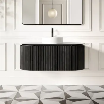 Positano Black Oak Curved Wall Hung Vanity Drawer with Matt White Stone Top 1200mm - Basin Not Included