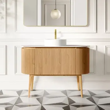 Positano Natural Oak Curved Vanity Unit with Matt White Stone Top 1200mm - Basin Not Included
