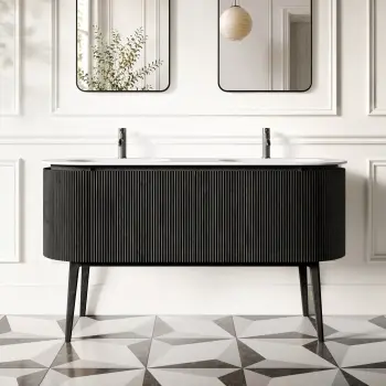 Positano Black Oak Curved Vanity Unit & Matt White Double Stone Basin 1500mm