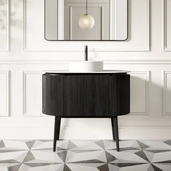 Positano Black Oak Curved Vanity Unit with Matt White Stone Top 1000mm - Basin Not Included