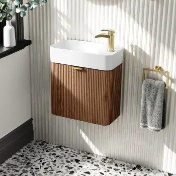 Cayman Natural Walnut Cloakroom Wall Hung Slimline Basin Vanity 440mm - Brushed Brass Accents