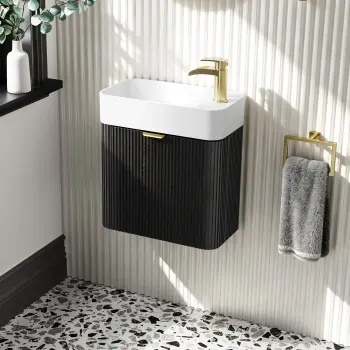 Cayman Black Oak Cloakroom Wall Hung Slimline Basin Vanity 440mm - Brushed Brass Accents