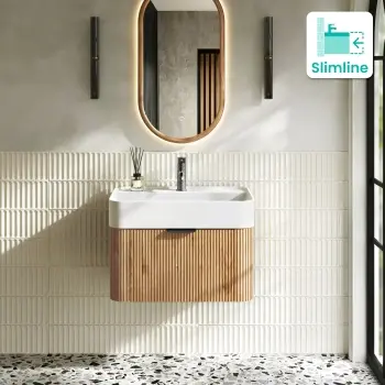 Cayman Natural Oak Wall Hung Slimline Basin Drawer Vanity 600mm - Black Accents