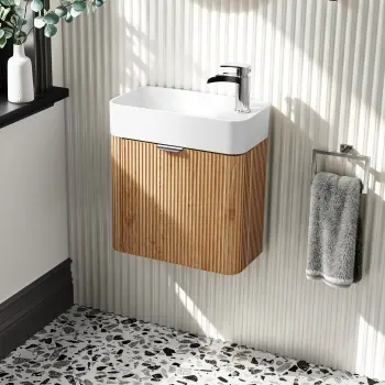 Cayman Natural Oak Cloakroom Wall Hung Slimline Basin Vanity 440mm - Chrome Handle