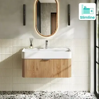 Cayman Natural Oak Wall Hung Slimline Basin Drawer Vanity 800mm - Chrome Handle