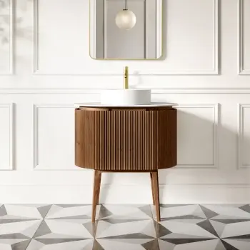 Positano Natural Walnut Curved Vanity Unit with Matt White Stone Top 800mm - Basin Not Included