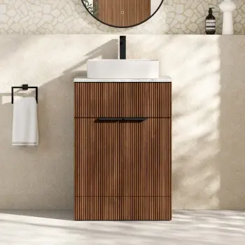 Havana Fluted Black Walnut Cabinet with Marble Top & Marin Basin 600mm - Black Accents