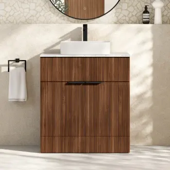 Havana Fluted Black Walnut Cabinet with Marble Top & Marin Basin 800mm - Black Accents