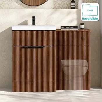 Havana Fluted Black Walnut Basin Vanity and Back To Wall Toilet Unit 1100mm (Excludes Toilet) - Black Accents
