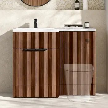 Havana Fluted Black Walnut Basin Vanity and Back To Wall Toilet Unit 1100mm (Excludes Toilet) - Black Accents - Left Handed