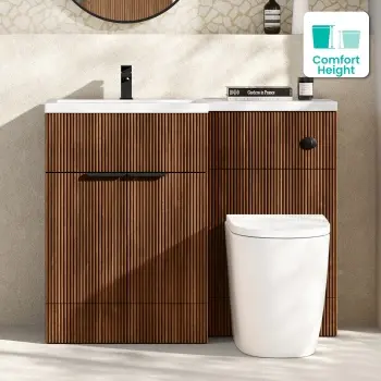 Havana Fluted Black Walnut Combination Vanity Basin and Utah Comfort Height Toilet 1100mm - Black Accents - Left Handed