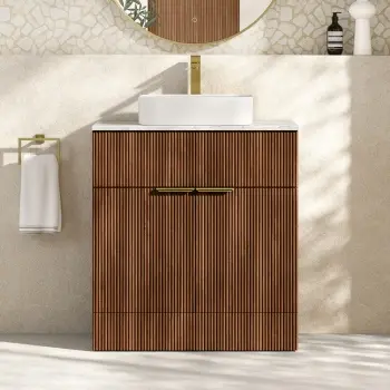 Havana Fluted Black Walnut Cabinet with Marble Top & Marin Basin 800mm - Brushed Brass Accents