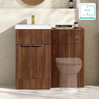 Havana Fluted Black Walnut Basin Vanity and Back To Wall Toilet Unit 1000mm (Excludes Toilet) - Brushed Brass Accents