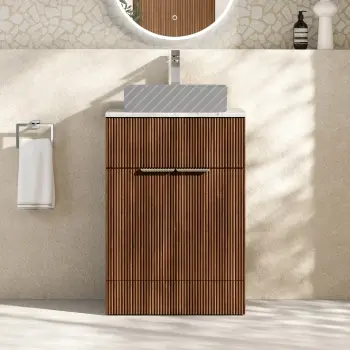 Havana Fluted Black Walnut Cabinet with Marble Top 600mm (Excludes Counter Top Basin) - Chrome Handles