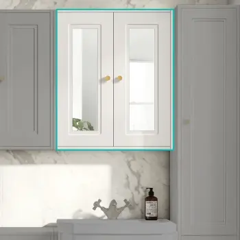 Cotton White Wall Hung Mirror Cabinet 700x600mm - Brushed Brass Accents