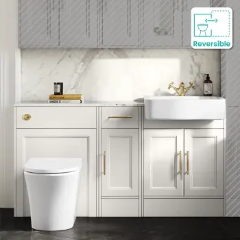 Monaco Cotton White Combination Vanity Basin with Marble Top and Tucson Toilet 1500mm - Brass Knurled Handles