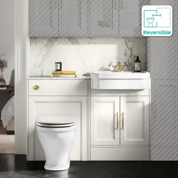 Monaco Cotton White Combination Vanity Traditional Basin with Marble Top & Kansas Toilet with Wooden Seat 1200mm - Brass Knurled Handles