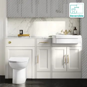 Monaco Cotton White Combination Vanity Traditional Basin with Marble Top and Aruba Toilet 1500mm - Brass Knurled Handles